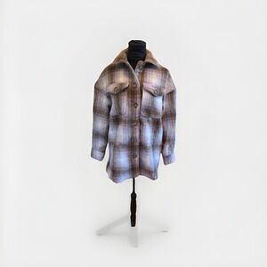 Bagatelle Collection Plaid Teddy Shacket Jacket Cream/ Purple Sz Small Oversized